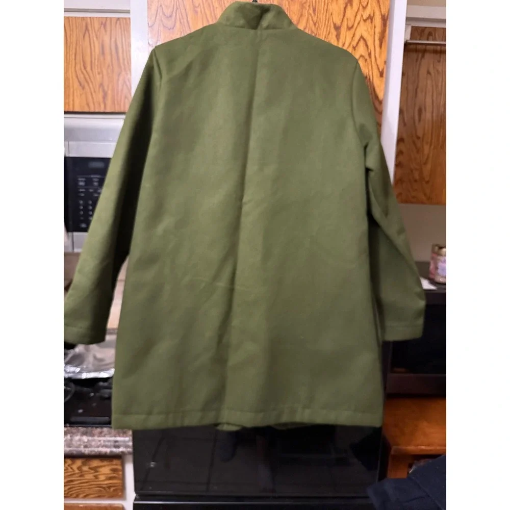 Womens Olive Green Open Front‎ Collarless Long Sleeve Coat XL